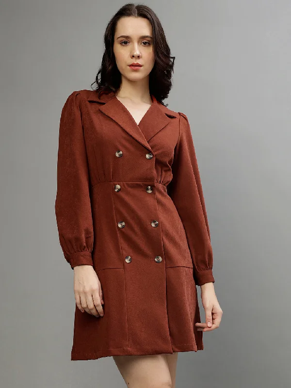 Time to Save Big!Elle Women Rust Solid Notched Collar Full Sleeves A-Line Dress