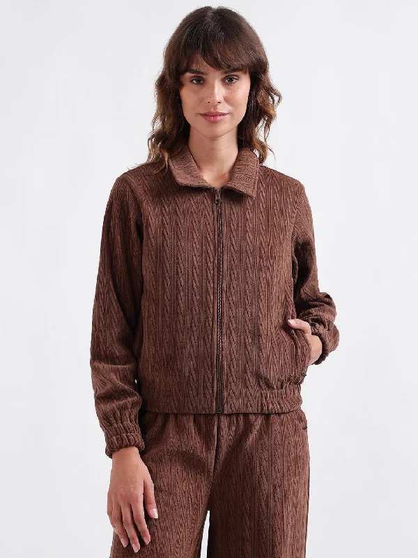 Everything Must Go!Elle Women Brown Self-Design Spread Collar Full Sleeves Zip Through Hoodie
