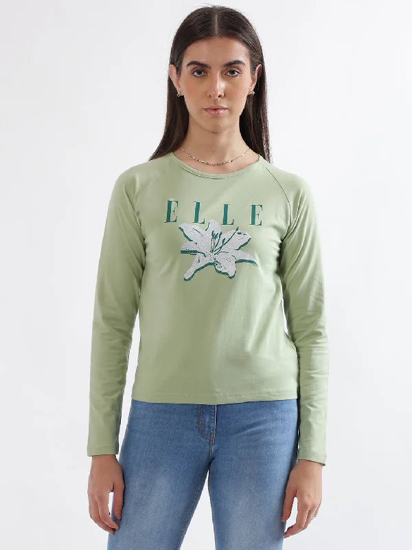 Best Offers of the Month!Elle Women Green Printed Round Neck Full Sleeves T-Shirt