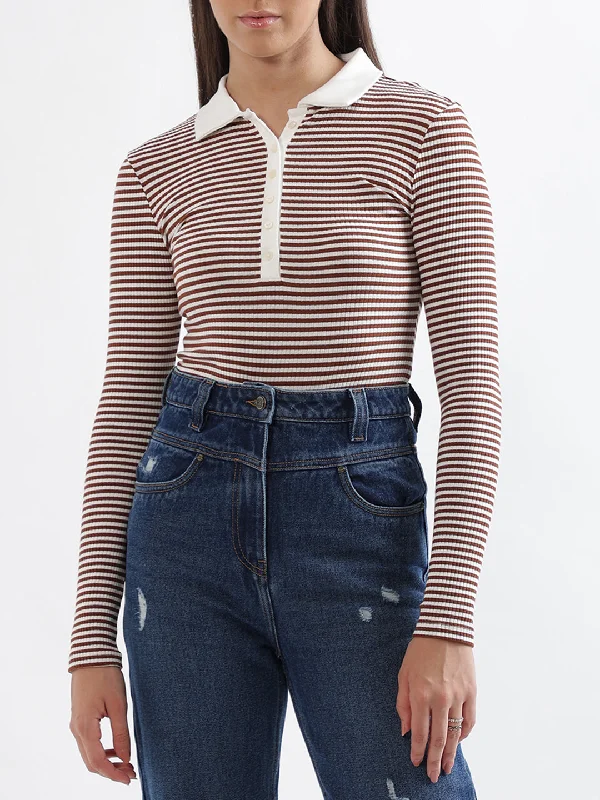 Don’t Wait – Deals Won’t Last!Elle White & Brown Striped Fitted T-Shirt
