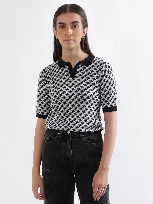 Save More with Every Purchase!Elle Women Black Printed Polo Collar Short Sleeves T-Shirt