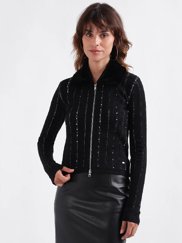 The Sale You’ve Been Waiting For!Elle Women Black Embellished Collar Neck Full Sleeves Cardigan Style Sweater