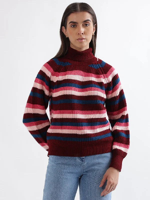 Exclusive Deals Just for You!Elle Women Multi-Color Striped Turtle Neck Full Sleeves Pullover Style Sweater