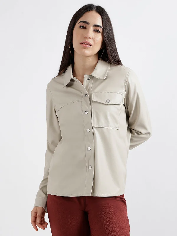 Buy More, Pay Less!Elle Women Beige Solid Spread Collar Full Sleeves Top