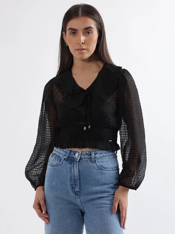 New Discounts Just Dropped!Elle Women Black Solid Peter Pan Collar Full Sleeves Top