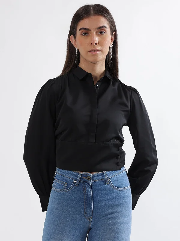 Find the Best Deals Here!Elle Women Black Solid Spread Collar Full Sleeves Top