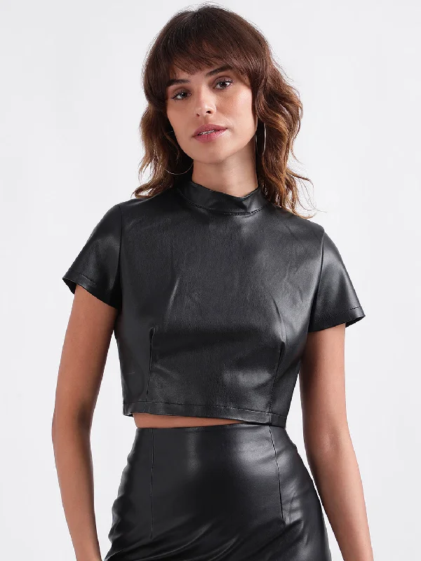 Exclusive Offers You’ll Love!Elle Women Black Solid High Neck Short Sleeves Top