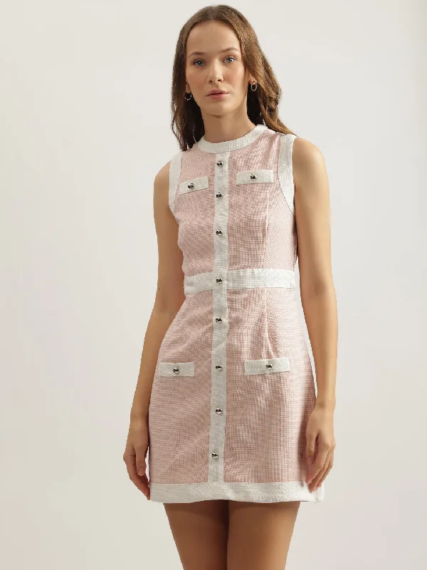 Save Like Never Before!Elle Women Pink Self-Design Round Neck Sleeveless A-Line Dress
