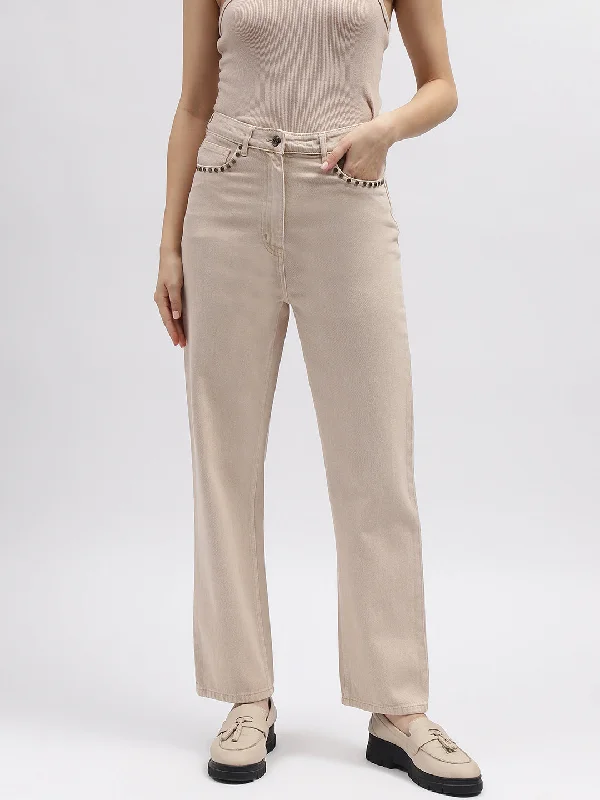 More Discounts, More Joy!Elle Women Beige Straight Fit Mid-Rise Non Stretchable Jeans