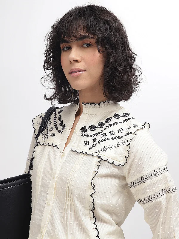 One Day Only – Huge Savings!Elle Women Off White Embroidered Band Collar 3/4Th Sleeves Top