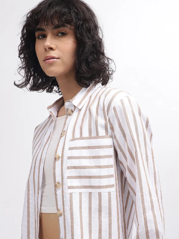 Today Only – Don’t Miss It!Elle Women White Striped Spread Collar Full Sleeves Shirt