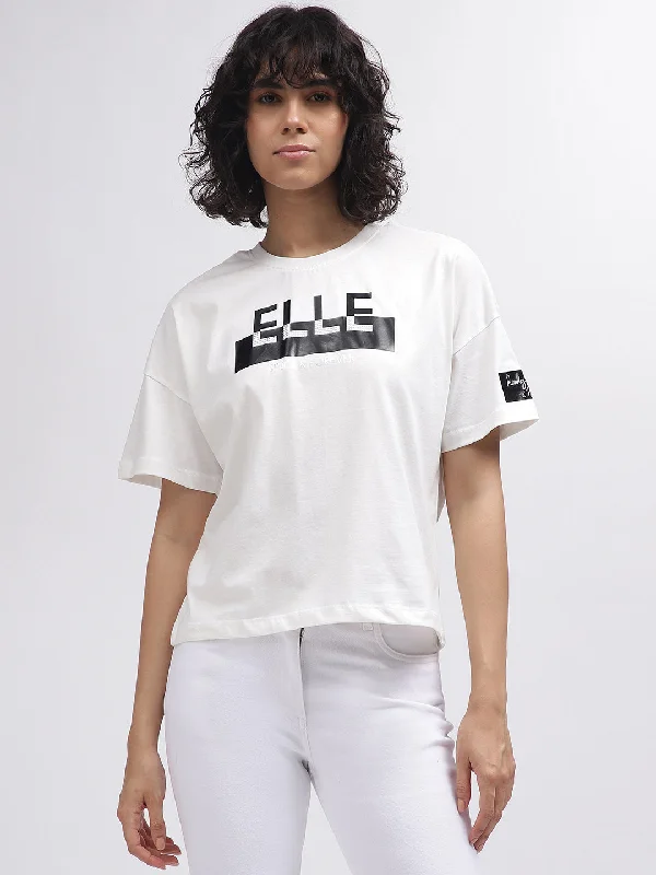 Today Only – Don’t Miss It!Elle Women White Printed Round Neck Short Sleeves T-Shirt