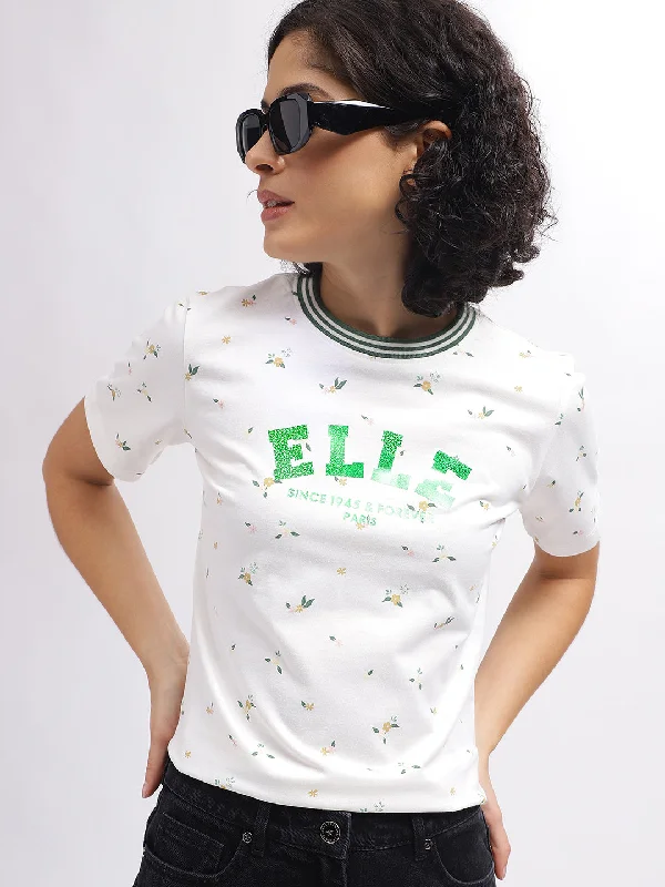 Stock Up and Save!Elle Women White Printed Round Neck Short Sleeves T-Shirt