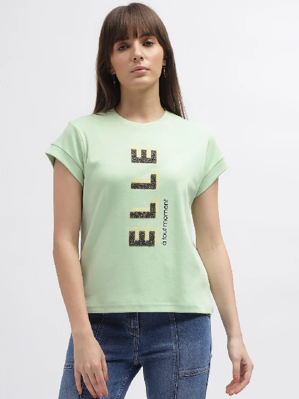 Lowest Prices Guaranteed!Elle Women Green Printed Round Neck Short Sleeves T-Shirt