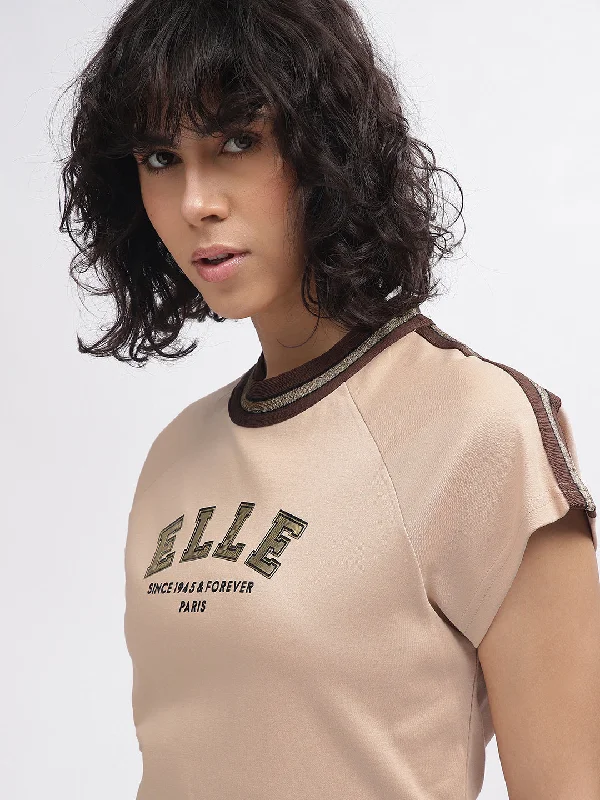 The Best Offers Are Here!Elle Women Beige Solid Round Neck Short Sleeves T-Shirt