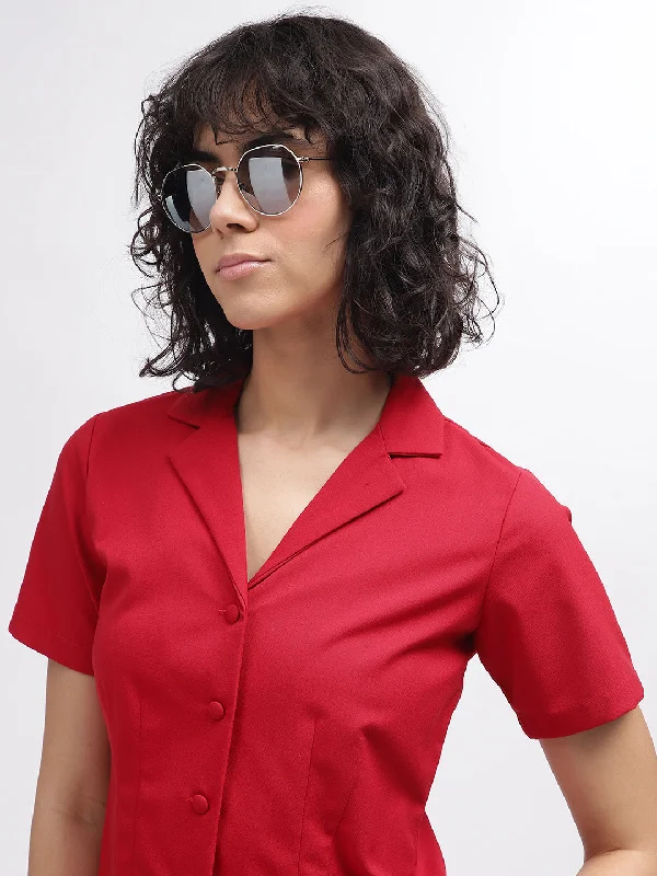 Huge Savings – Act Now!Elle Women Red Solid Resort Colar Short Sleeves Shirt