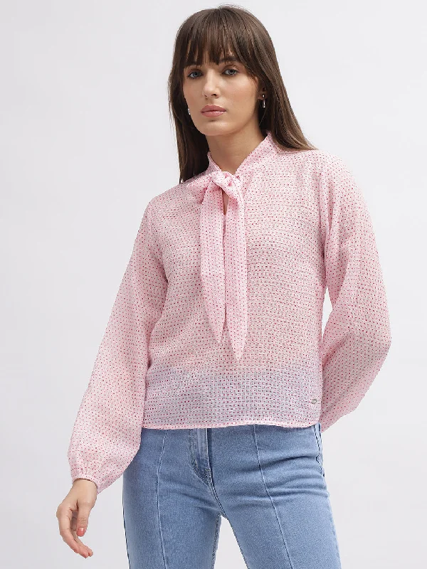 Instant Savings Await!Elle Women Pink Printed Tie-Up Neck Full Sleeves Top