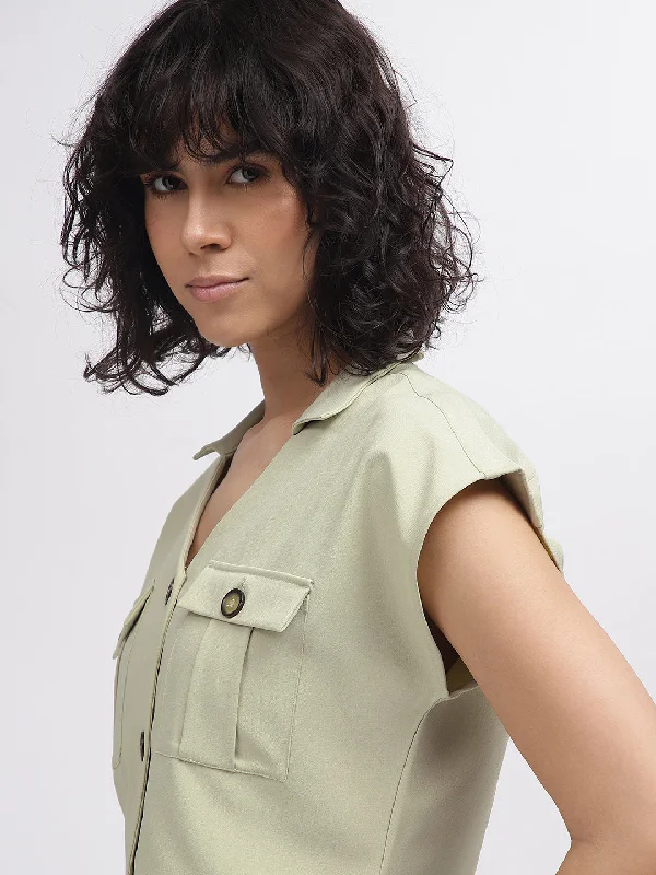 New Discounts Just Dropped!Elle Women Green Solid V-Neck Short Sleeves Top