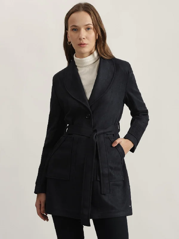Your Shopping Wish, Our Discount Command!Elle Women Navy Blue Solid Shawl Collar Full Sleeves Coat