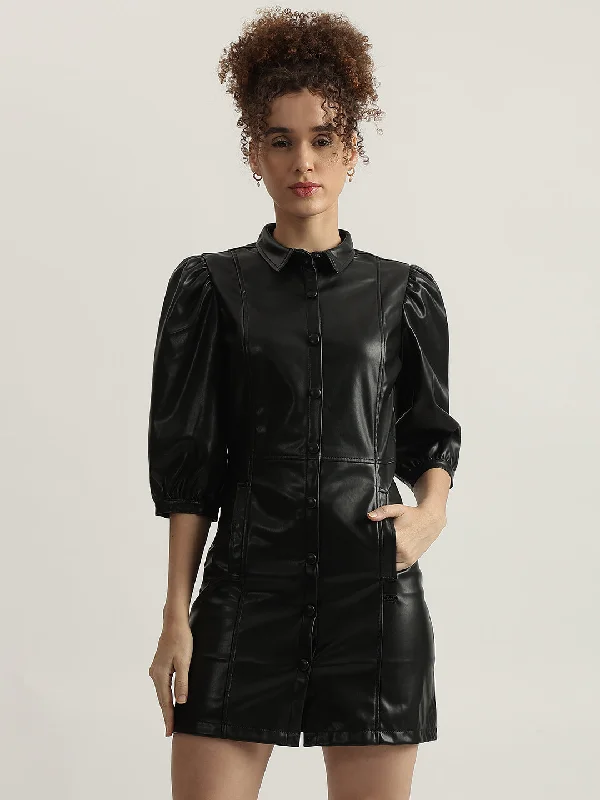 Your Wallet Will Thank You!Elle Women Black Solid Spread Collar 3/4 Sleeves Bodycon Dress