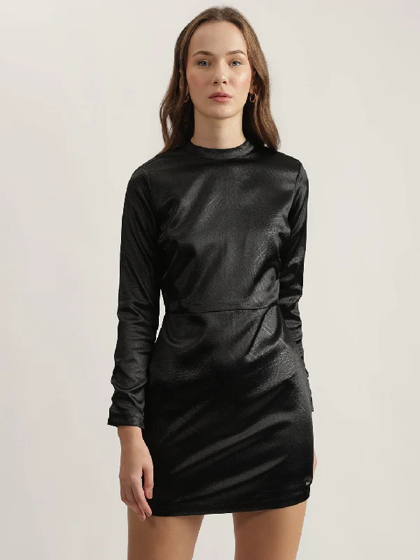 One Click Away from Big Savings!Elle Women Black Solid Mock Neck Full Sleeves Bodycon Dress