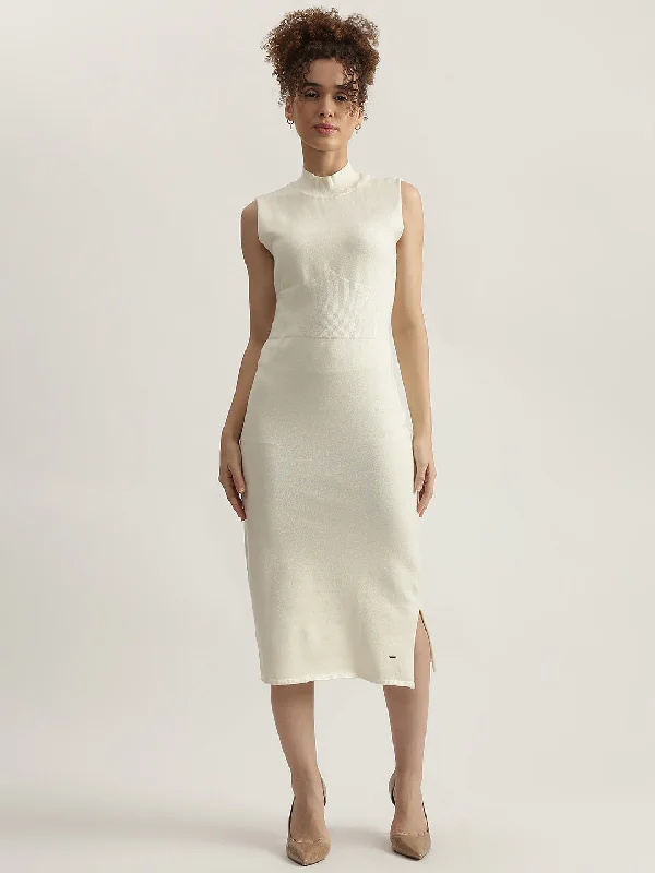 Save Money, Shop Happy!Elle Women Cream Solid High Neck Sleeveless Bodycon Dress