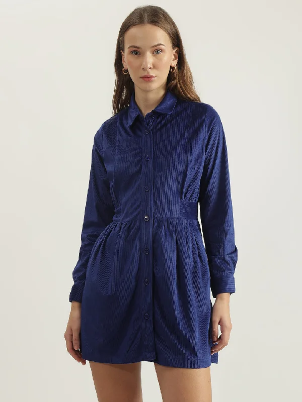 Your Shopping Spree Starts Here!Elle Women Blue Solid Spread Collar Full Sleeves Shirt Dress