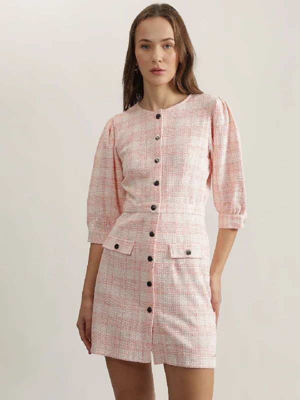 Best Offers of the Month!Elle Women Pink Checked Round Neck 3/4Th Sleeves Sheath Dress