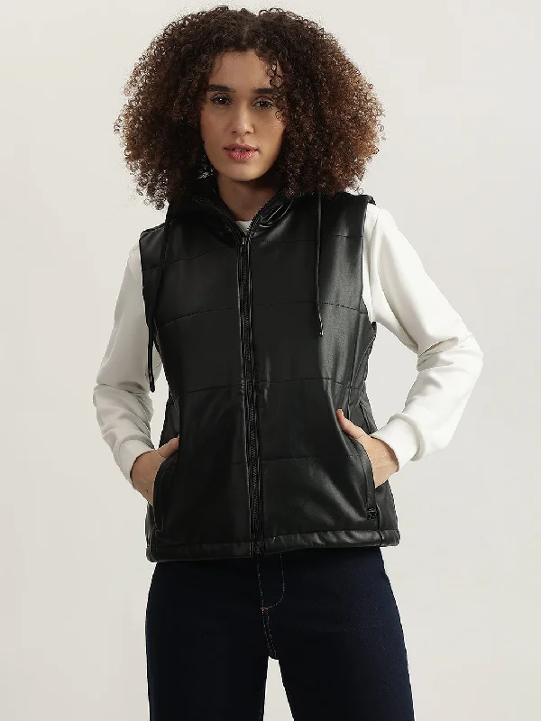 Your Discount is Waiting!Elle Women Black Solid Hooded Sleeveless Jacket