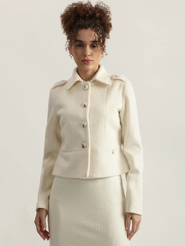 Buy More, Pay Less!Elle Women Cream Solid Spread Collar Full Sleeves Blazer