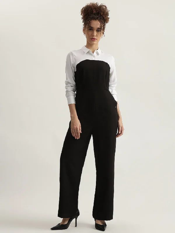 Everything Must Go!Elle Women Black Color-Blocked Spread Collar Full Sleeves Jumpsuit