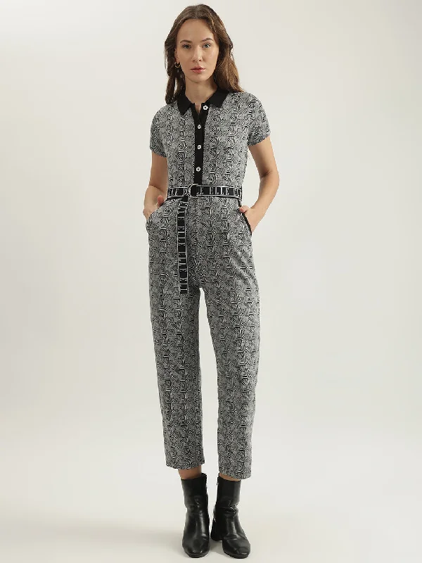 Get Ready to Save!Elle Women Black Printed Spread Collar Short Sleeves Jumpsuit