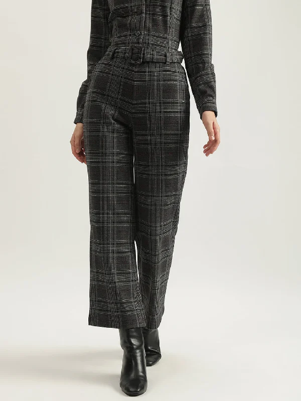 Best Price of the Season!Elle Women Grey Checked Straight Fit High-Rise Flat Front Trouser