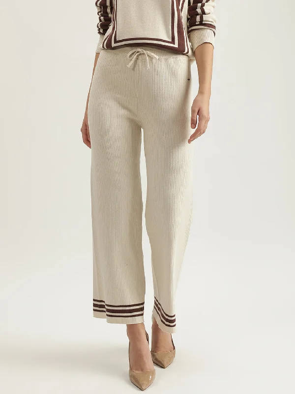 Time to Save Big!Elle Women Cream Solid Relaxed Fit Mid-Rise Flat Front Trouser