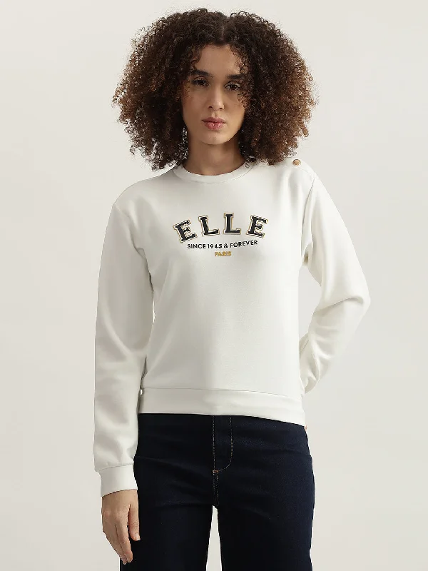 Limited Edition, Limited Price!Elle Women White Solid Round Neck Full Sleeves Sweatshirt