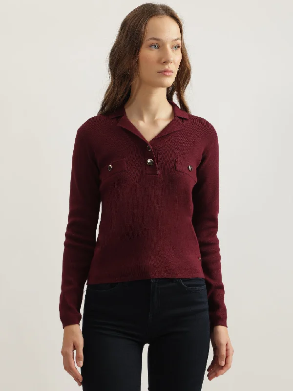 More Discounts, More Joy!Elle Women Wine Solid Notched Collar Full Sleeves Pullover Style Sweater