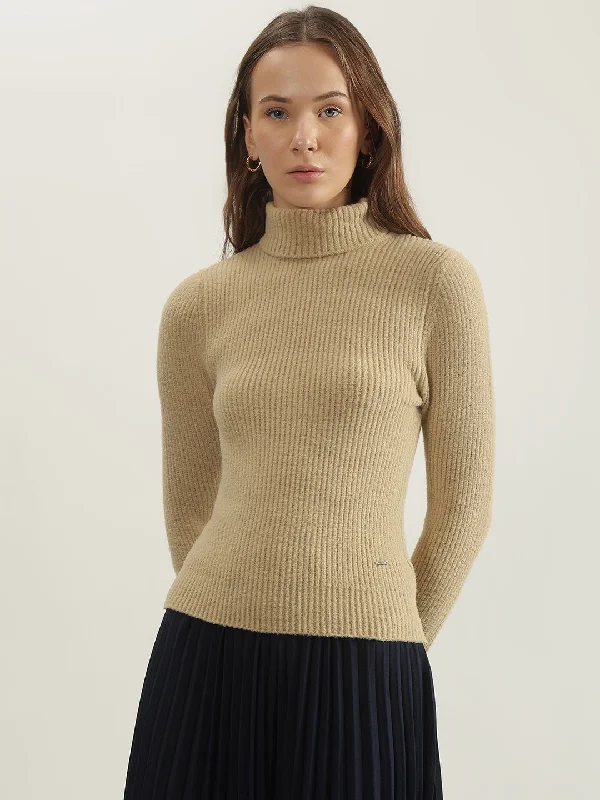 Shop the Hottest Deals!Elle Women Beige Ribbed Turtle Neck Full Sleeves Pullover Style Sweater