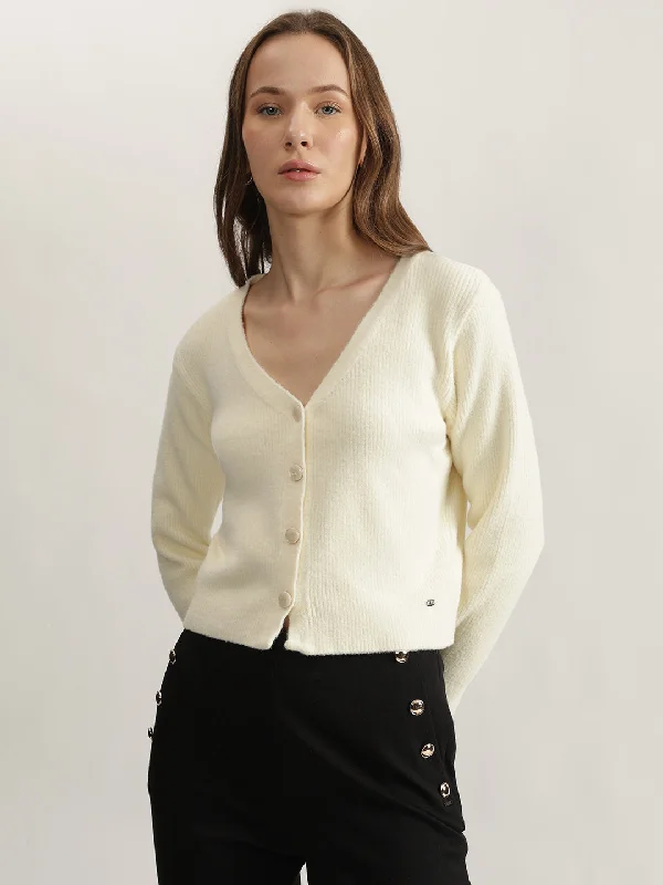 Shop Early, Save Big!Elle Women Cream Solid V-Neck Full Sleeves Cardigan
