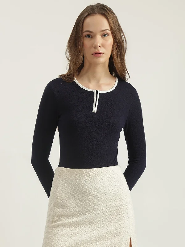 Score Huge Discounts Today!Elle Women Navy Solid Round Neck Full Sleeves T-Shirt