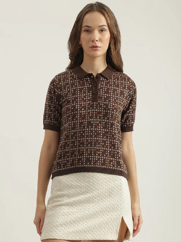 Your Wallet Will Thank You!Elle Women Brown Printed Polo Collar Short Sleeves T-Shirt