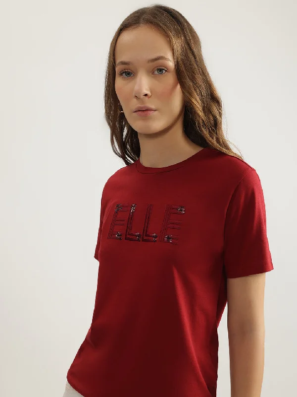 Amazing Prices You Can’t Resist!Elle Women Red Solid Round Neck Short Sleeves T-Shirt