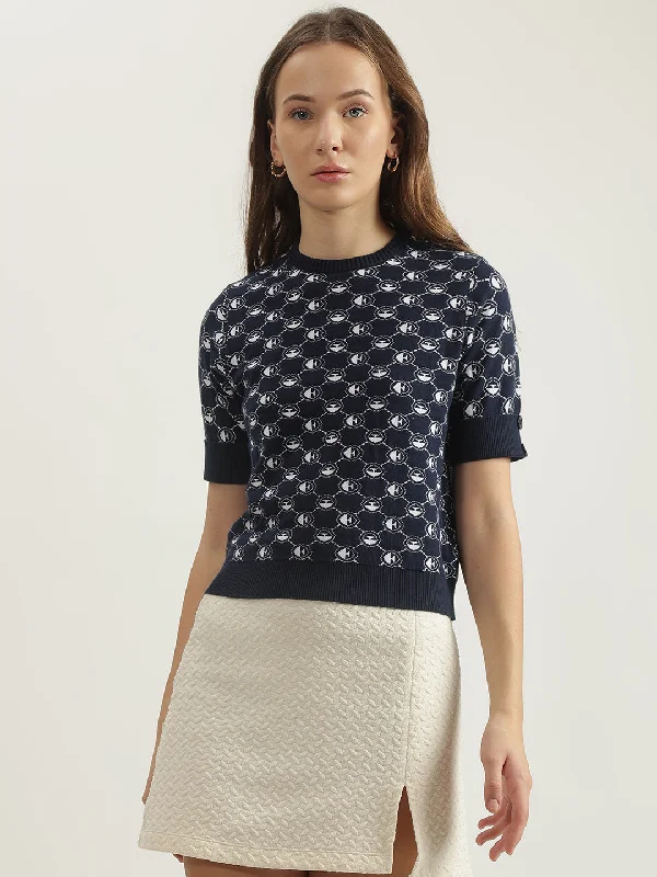 Your Shopping Spree Starts Here!Elle Women Navy Blue Printed Round Neck Short Sleeves T-shirt