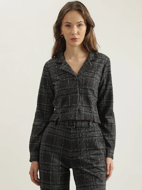 Don’t Wait – Deals Won’t Last!Elle Women Grey Checked Notched Lapel Collar Full Sleeves Single Breasted Blazer
