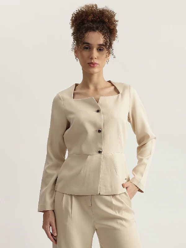 Grab Yours Before It’s Too Late!Elle Women Beige Solid Square Neck Full Sleeves Top