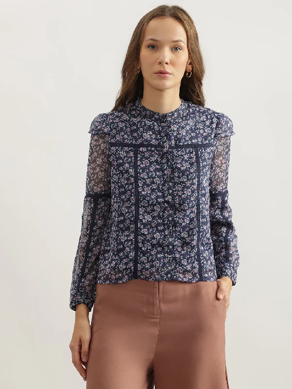 Special Offer – Act Fast!Elle Women Multi-Color Printed Band Collar Full Sleeves Top