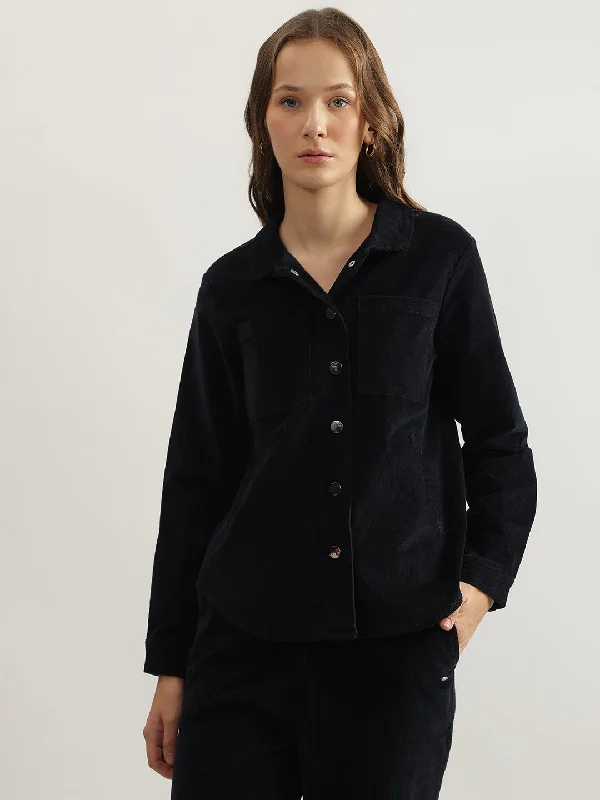 Unlock Huge Savings Now!Elle Women Navy Solid Spread Collar Full Sleeves Top