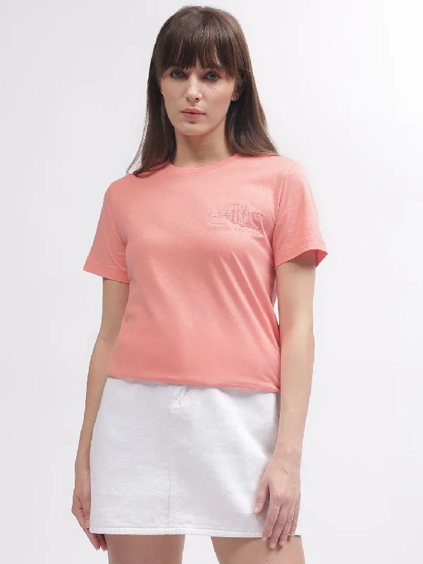 The Best Sale of the Year!Gant Women Pink Solid Round Neck Short Sleeves T-shirt