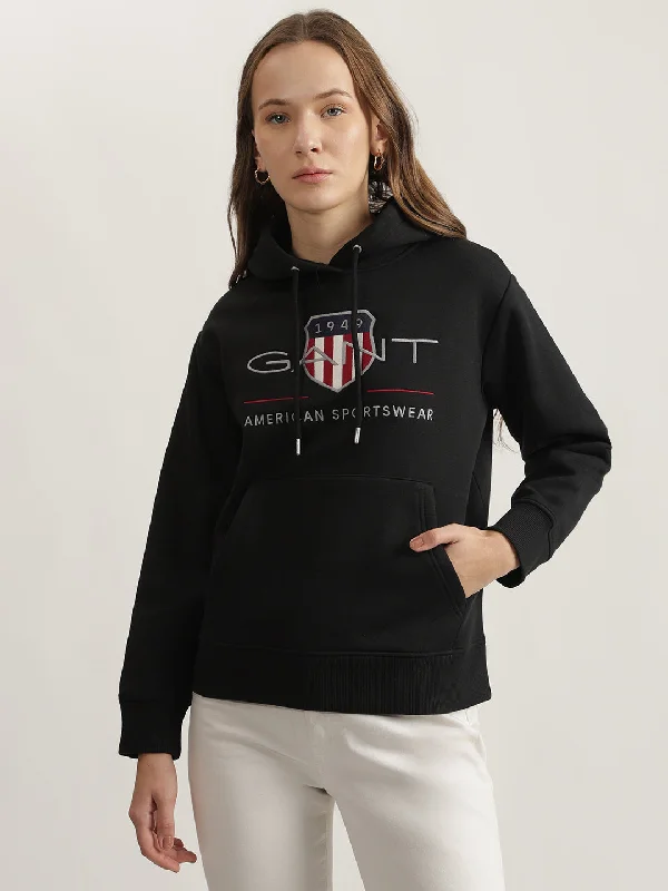 Unlock Huge Savings Now!Gant Women Black Embroidered Hooded Full Sleeves Sweatshirt