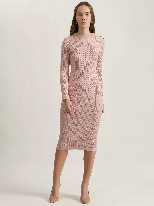 Your Best Deals Are Here!Gant Women Pink Solid Round Neck Full Sleeves Winter Dress