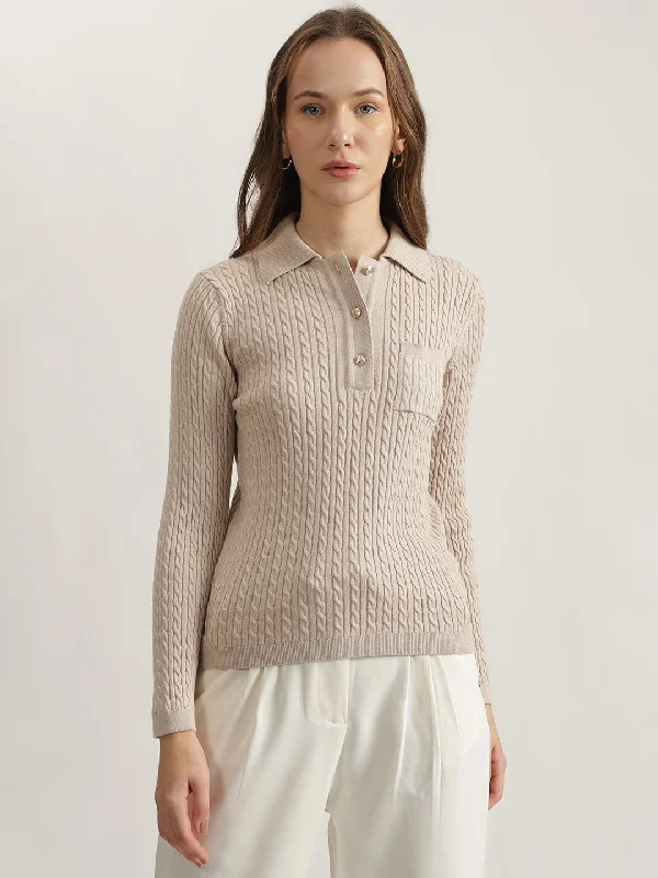 Get the Best for Less!Gant Women Beige Solid Collared Full Sleeves Pullover Style Sweater